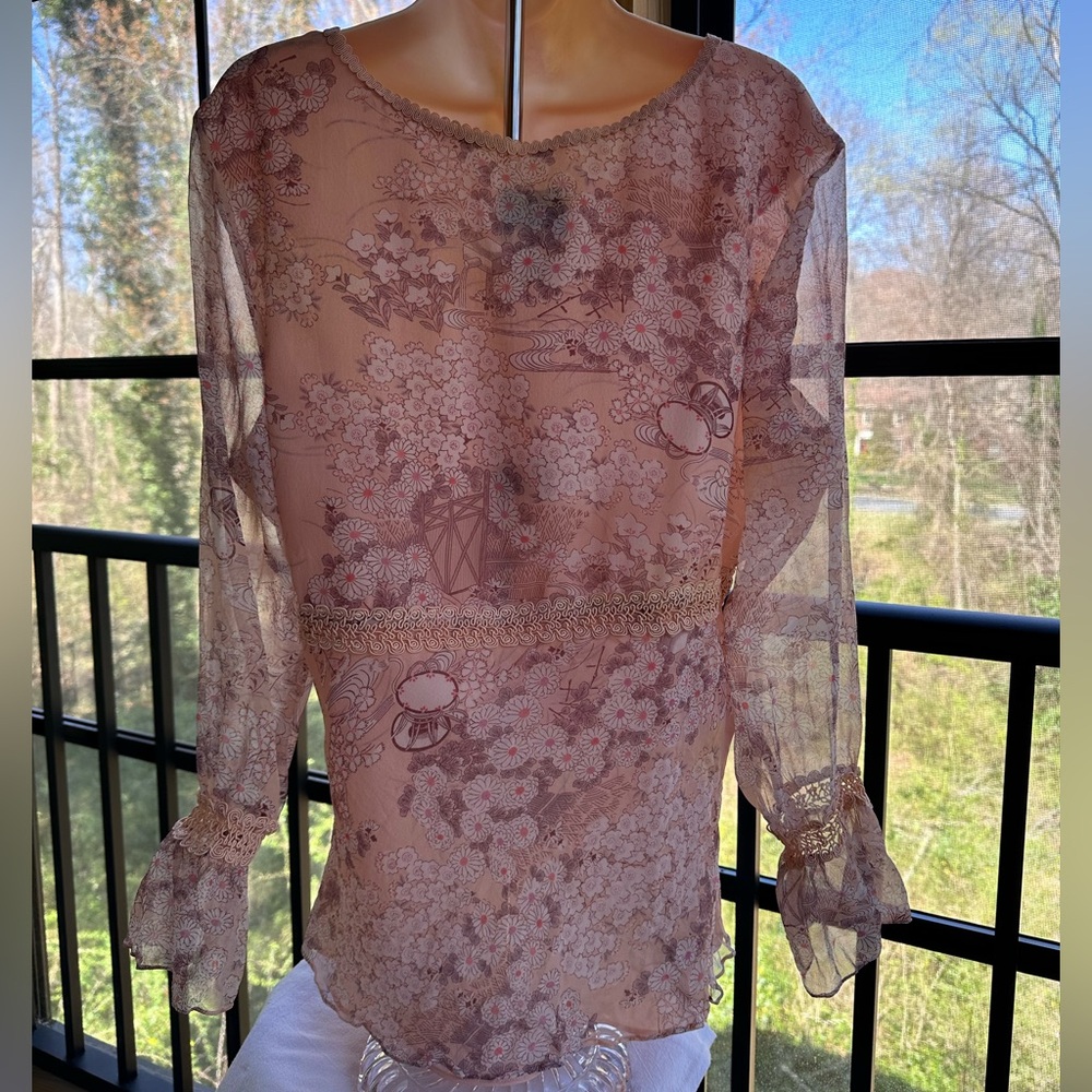 Ethereal Silk Flowy Boho Lace-Trimmed Romantic Floral Pale Peach V-Neck Top ~ XL - Picture 8 of 15